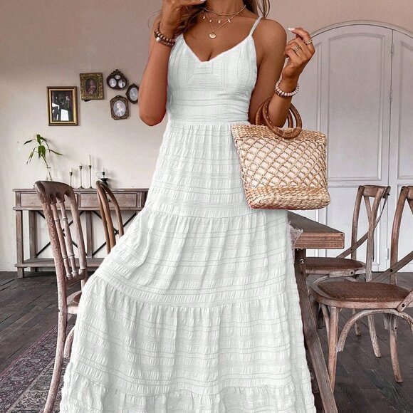 White Casual Women's Ruffle Hem Spaghetti Strap Dress - Picture 6 of 7